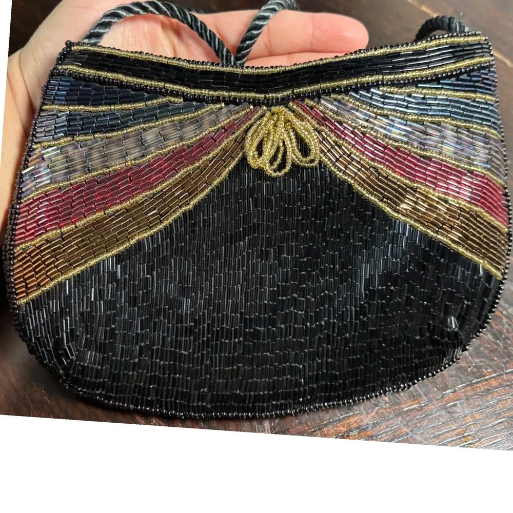 Vintage Lillian Vernon Beaded Evening Bag Black Art Deco Formal Clutch Art Retro